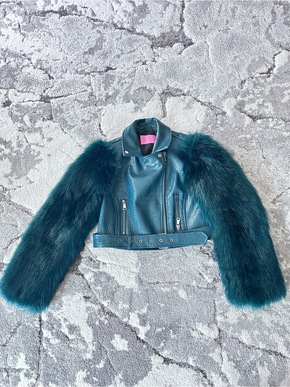 Women’s Teal Faux Fur Sleeve Cropped Leather Jacket